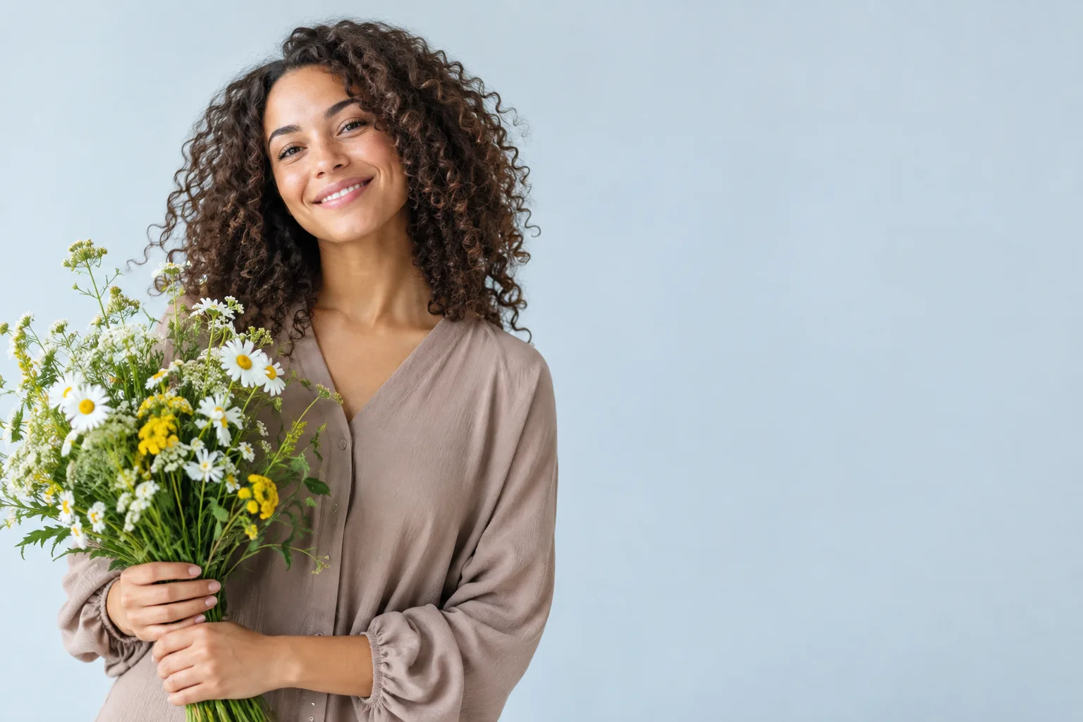 Mujer con un ramo de flores, foto original con fondo