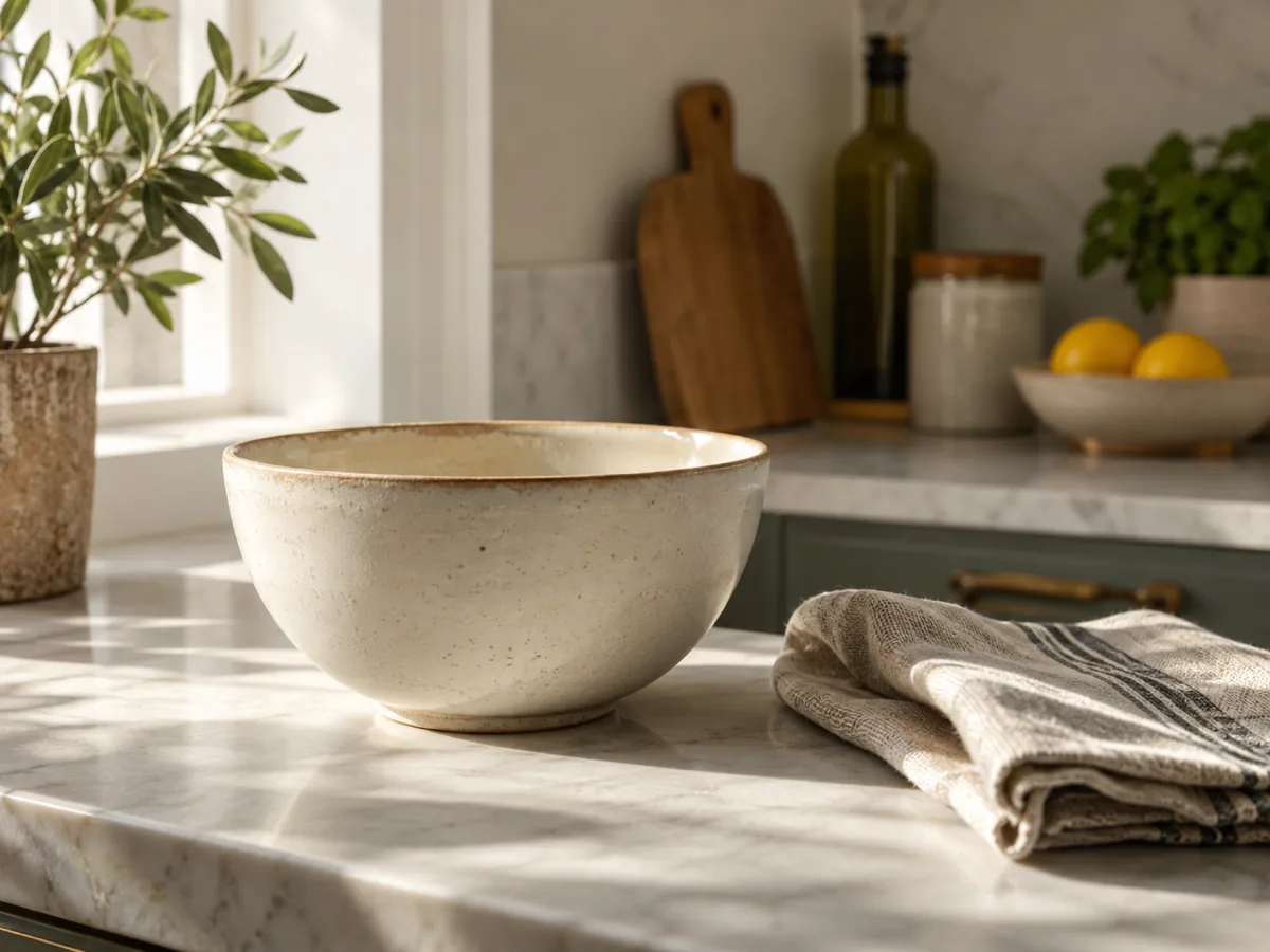 Sunlit kitchen counter with a ceramic bowl and a folded linen cloth