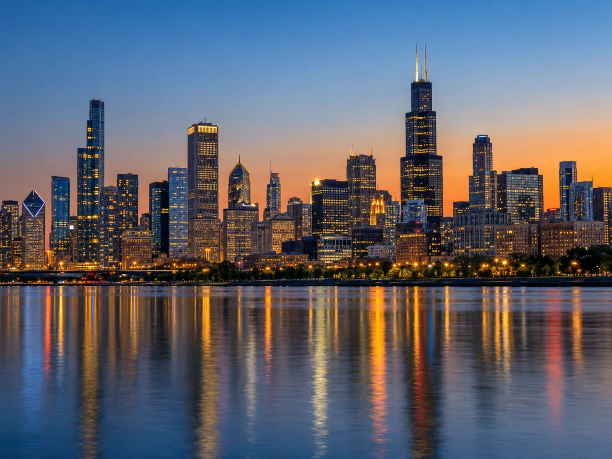 Wide dusk cityscape with illuminated windows and a clear gradient sky